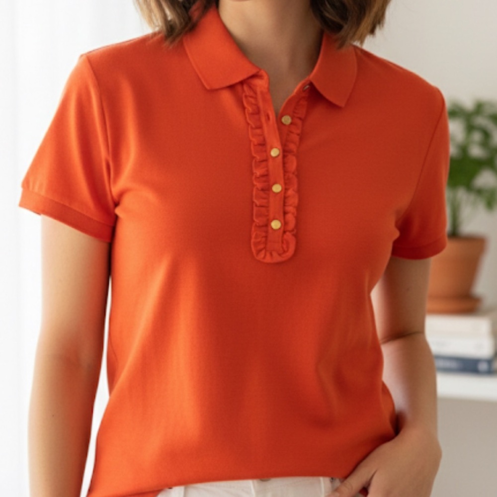 EUC Ralph Lauren Orange Ruffled Polo(size large)